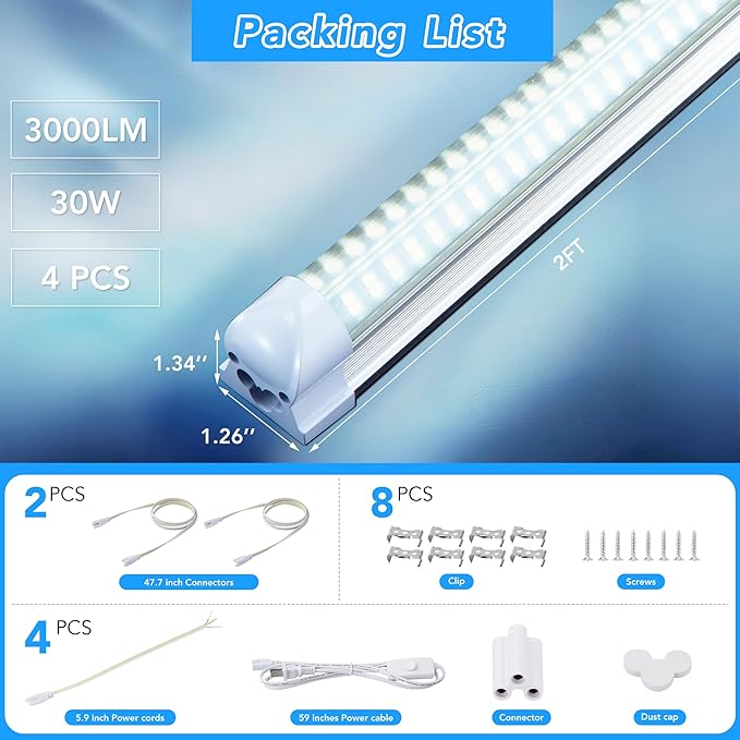 4 Pack 2FT T8 LED Shop Lights, 30W Integrated Tube Light, 4800LM 6000-6500K - Image 5