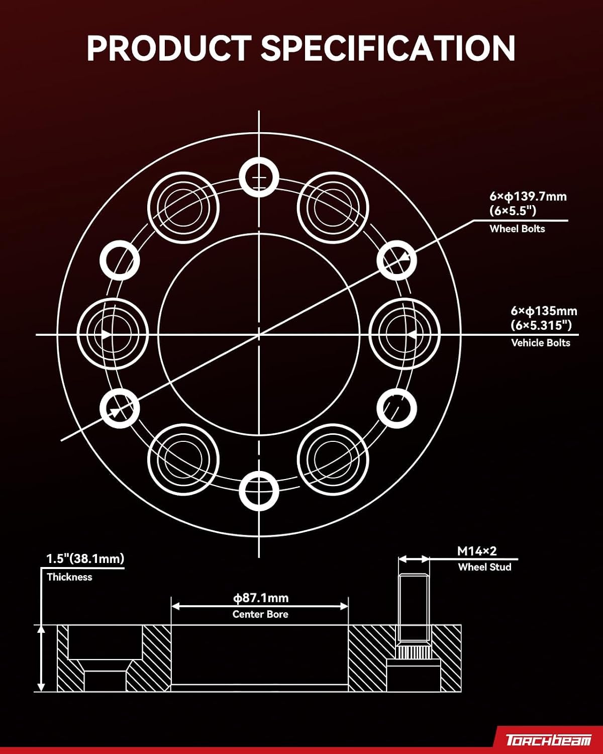 Torchbeam 6x135mm to 6x139.7mm Wheel Adapters 1.5 inch with M14x2 Thread Pitch,87.1mm Hub Bore,4pcs Adapters for 2004-2014 F-150 2003-2014 Expedition, Navigator, Mark LT, Changes Bolt Pattern