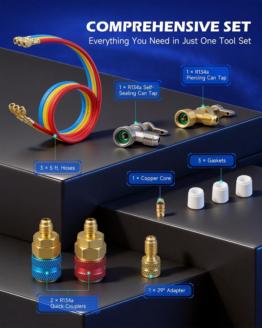 omt 3-way ac manifold gauge set for r134a, close-up detail