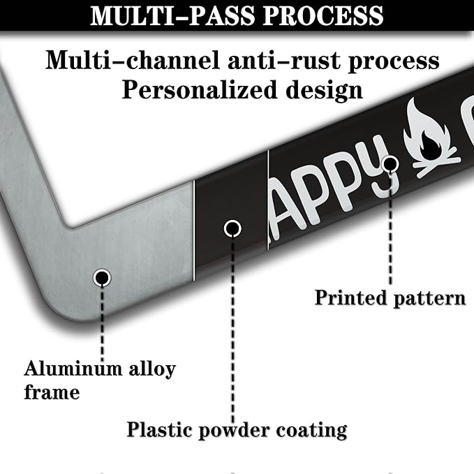 License Plate Frames Black and White Metal License Plate Frame Happy Camper - Image 5