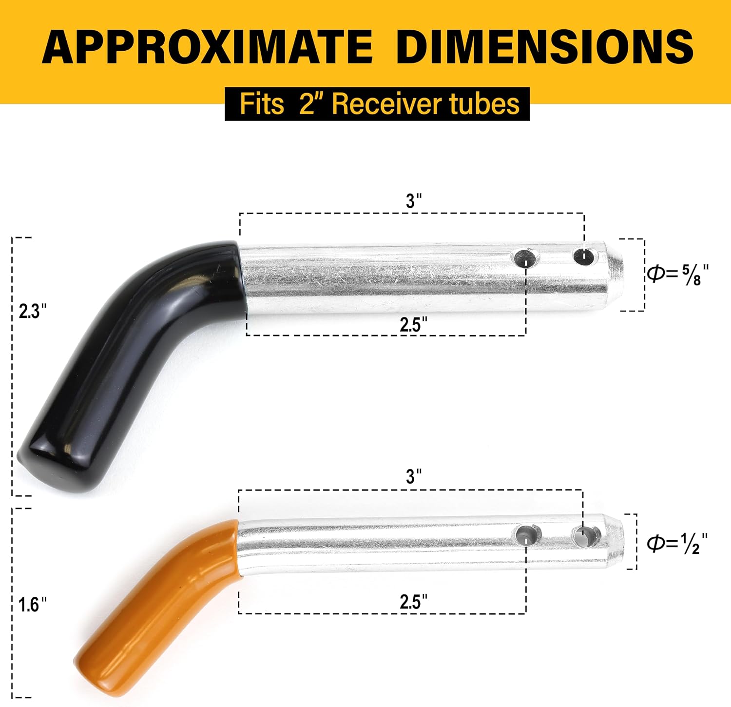 Wellmax 5/8" and 1/2" Diameter Dual Pinhole Trailer Hitch Pin Set - 3 PC 5/8" x 3-1/2" and 1 PC 1/2"x3" Shank, with Rubber-Coated Vinyl Grip and 8pcs R Clips, Zinc-Plated for 2" Receiver