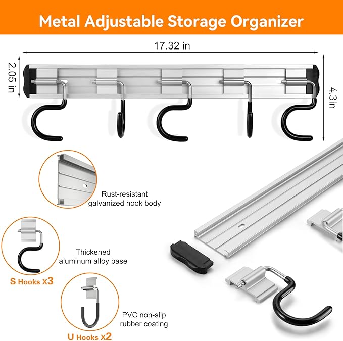 34.5'' Aluminum Alloy Garage Tool Organizer Hooks, Broom Holder Wall Mount - Image 2