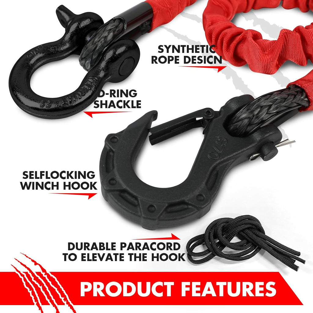 XPV AUTO Recovery Strap (18,000lb.) 2FT with Winch Hook and D-Ring Shackle Synthetic Tow Recovery Rope for ATV Mud Recovery