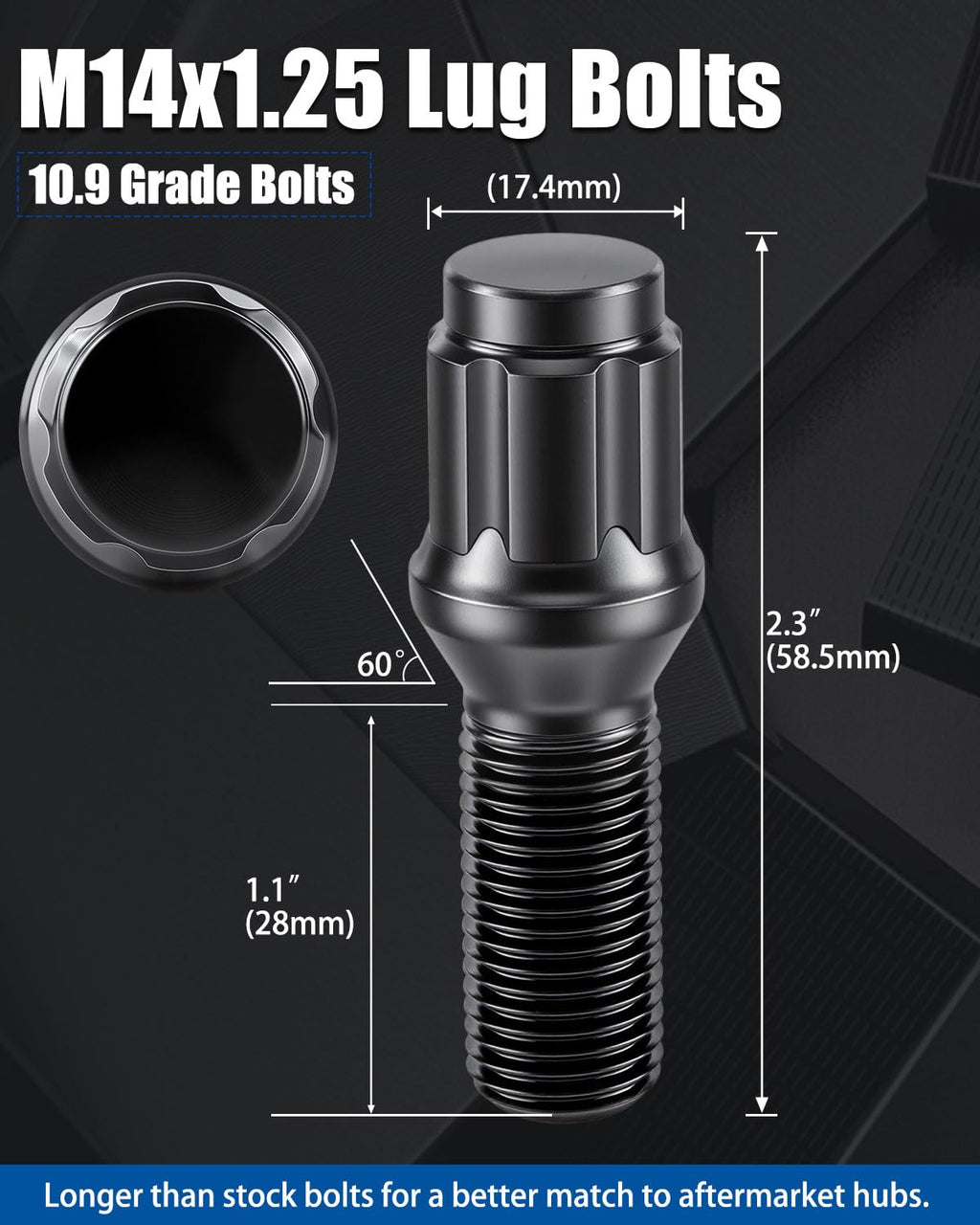GAsupply M14x1.25 Lug Bolts 28mm Shank fits for BMW i3, i4, i5, i7, i8, ix, M2, M3, M4, M5, M8, x1, x2, x3, x4, x5, x6, x7, xM, Black 14x1.25 6 Spline Wheel Lug Bolt Conical Seat, 20 pcs+1 pcs Key