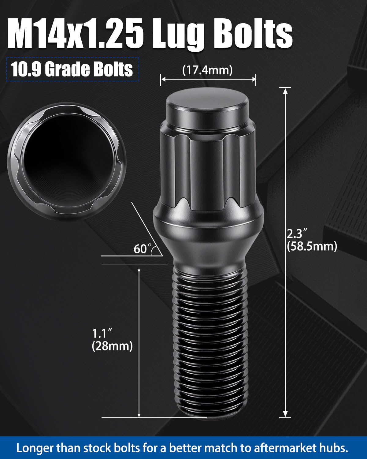 GAsupply M14x1.25 Lug Bolts 28mm Shank fits for BMW i3, i4, i5, i7, i8, ix, M2, M3, M4, M5, M8, x1, x2, x3, x4, x5, x6, x7, xM, Black 14x1.25 6 Spline Wheel Lug Bolt Conical Seat, 20 pcs+1 pcs Key