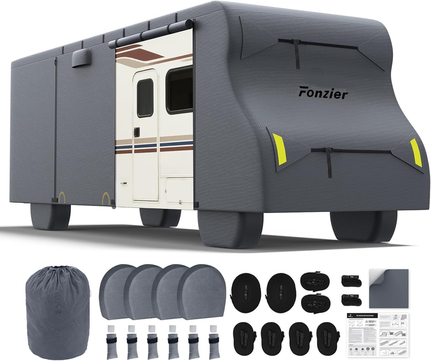 Fonzier Class C RV Cover 29-32ft, 7 Layer Top Heavy Duty Camper Cover, Extra-Thick Waterproof Windproof Anti-UV Rip-Stop Class C Motorhome Cover with 2Pcs Extra Straps, 6 Gutter Covers & 4 Tire Covers