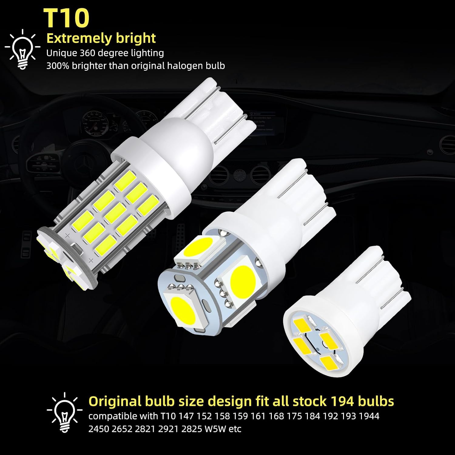 24PCS Car Interior Bulb Kit Set T10 921 194 168 Bulbs Interior Replacement 12 Volt Lights for RV Camper Trailer Boat Trunk Interior Dome Car Map License Plate Door Side Marker Cornering Light- White