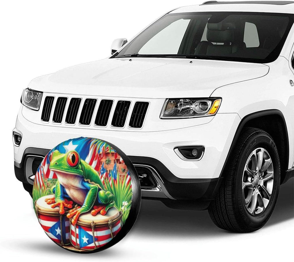 Puerto Rico Flag Frog Spare Tire Cover,15 inch,Cute Flag Tire Covers Waterproof Polyester Wheel Protector Universal for Rv Suvs Camper Trucks Travel Trailers Outdoor