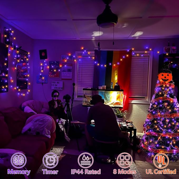 YEGUO 165ft 500 LED Halloween Lights Outdoor Waterproof, Orange and Purple St...