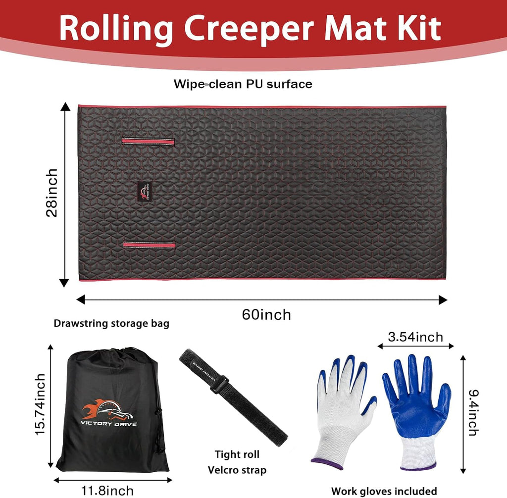 Upgraded Rolling Creeper Mat for Mechanics, 60 x 28 in Padded Automotive Work Mat for Cars, SUVs & Pickup Trucks, Red