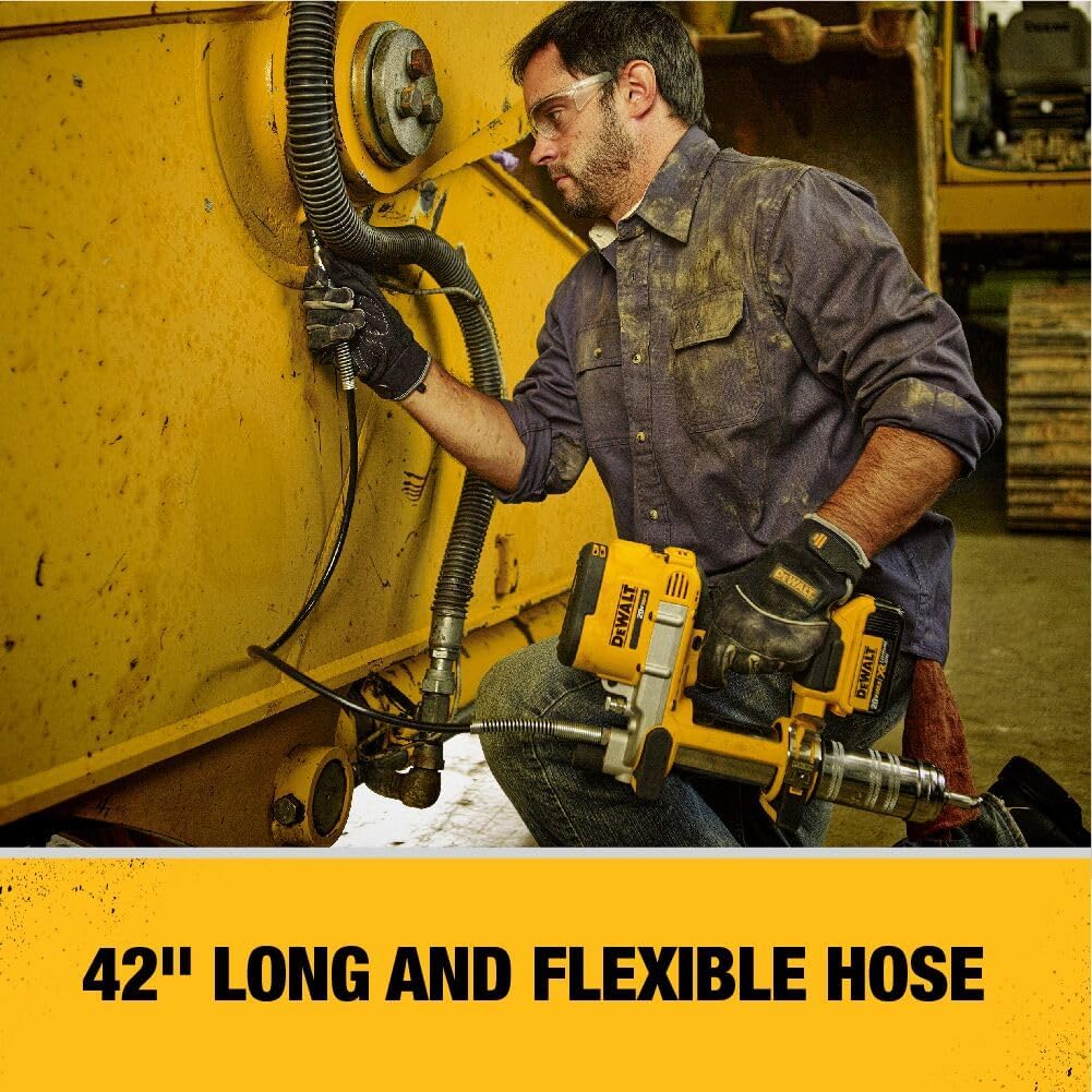 DEWALT Grease Gun Kit 20V MAX with 4.0Ah Battery and Charger, Cordless Grease Gun, LED Light, 42” Hose, 10,000 PSI, Variable Speed Triggers (DCGG571M1)