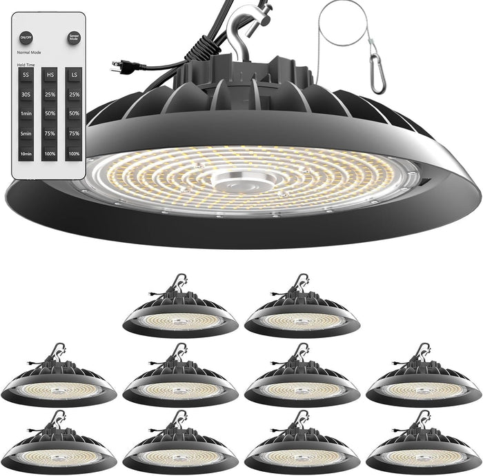 Smart 200W LED High Bay Light 30000LM 5000K UFO High Bay Lighting Motion Activated High Bay LED Lights AC100-277V for Warehouse Barn Remote Included- 10Pack