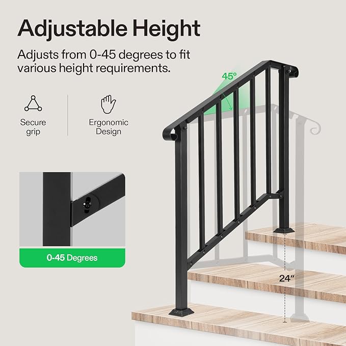 VIVOSUN Outdoor Handrail, 3 Step Stair Handrail, Wrought Mattle Iron Stair