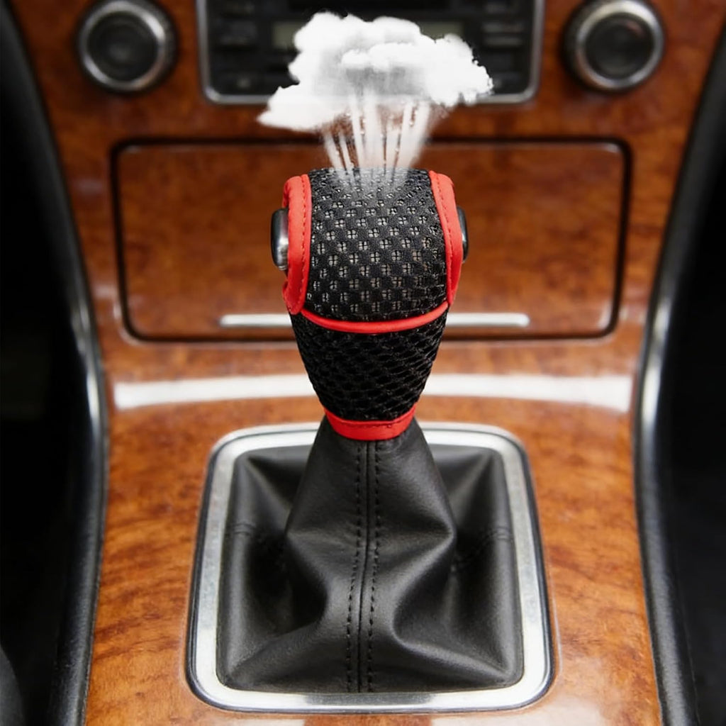 Car Gear Shift Knob Cover, 5D Mesh Fabric Car Gearshift Protector, Anti-Slip Breathable Vehicle Shifter Lever Dust Cover, Universal Decorative Accessories for Cars, Trucks, SUVs (Black Red)