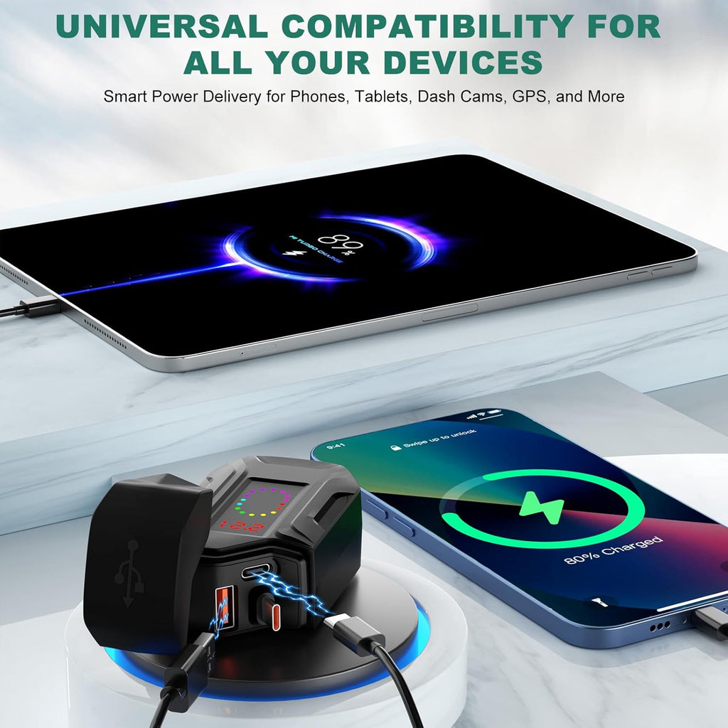 Motorcycle USB Charger, Retractable Type-C & Dual USB Fast Charging, Independent Switch, 3-in-1 SAE to USB Adapter with 1.5m Extension, LED Voltmeter, Waterproof for Dirt Bike, ATV, UTV