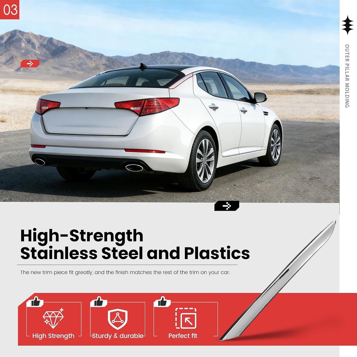 Rear Right Pillar Molding Compatible with 2011-2016 Kia Optima Replace for 878602T000 Driver Body Pillar Posts Trim Cover Plastic+Stainless Steel