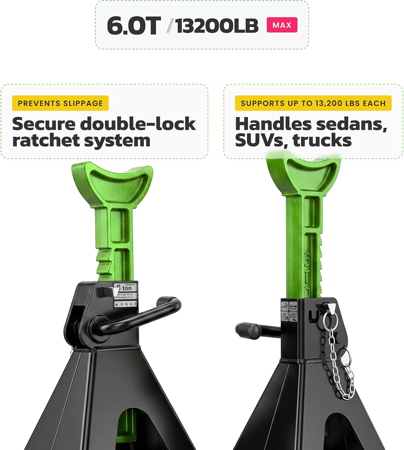 Jack Stands, 6 Ton (13,000 lbs) Capacity Heavy Duty, Double Locking Pin Safety, 14.2-23 Inch Adjustable Height Car Jack Stands for SUV, Truck, Van, Jeep, UTV/ATV - Pair (Green-Black)