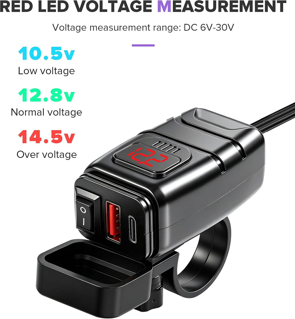 Motorcycle Phone Charger,Car Accessories Universal Motorcycle USB Charger with Voltmeter and ON/Off Switch,Compatible with IPad,iPhone,iPod,HTC,PDAs,MP3 Players,Suitable for Most Cars