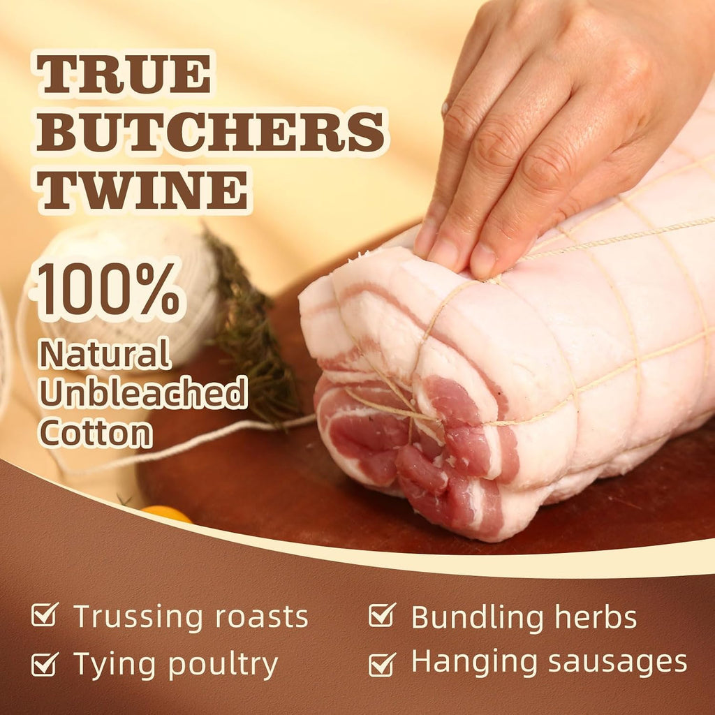 Natural White Cotton Twine String - 1.2mm x 200 Ft for Cooking, Baking & Butchering | Butchers Twine