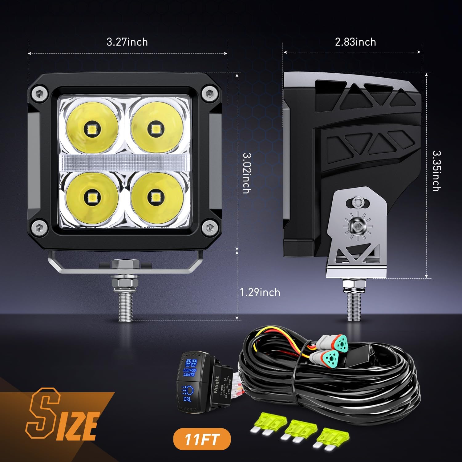 Nilight LED Pod Lights with Amber DRL 3.2 Inch Square 20W 2510LM Super Spot Beam w/ 16AWG Wiring Harness Kit Auxiliary Offroad Driving Ditch Light for Truck UTV ATV SUV 4x4