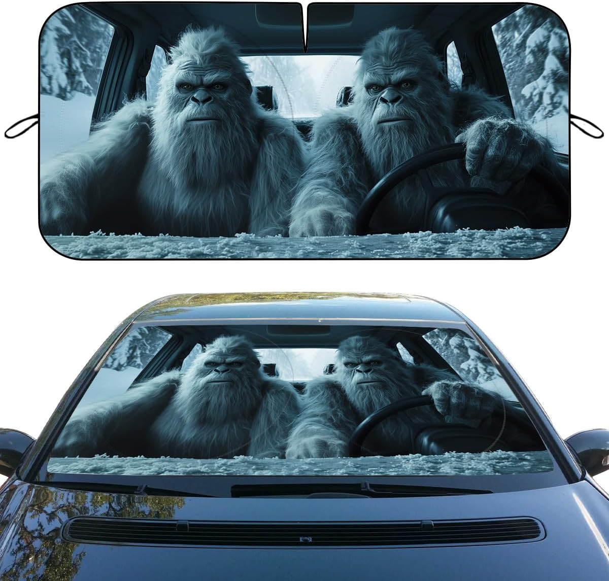 Funny Bigfoot Car Windshield Sunshades - Sasquatch Snow Monster Heatshield Front Window Sun Shade Blocks UV Rays - 59" L x 31.5" W