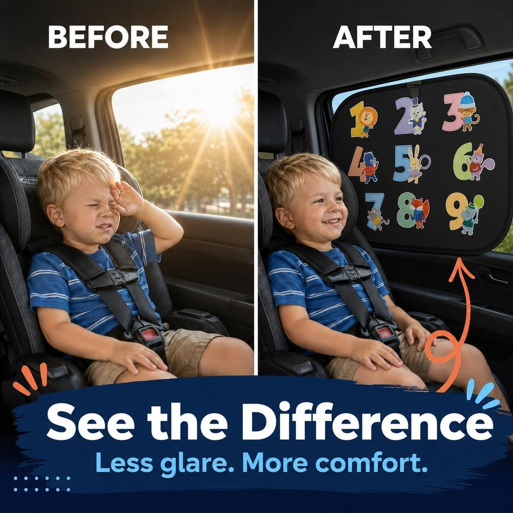 Car Window Shade for Baby Kids, 2 Pack Cartoon Animal Side Window Sun Shades, UV Protection Baby Car Window Shades for Sun Glare, Heat & Travel Comfort (Numbers)