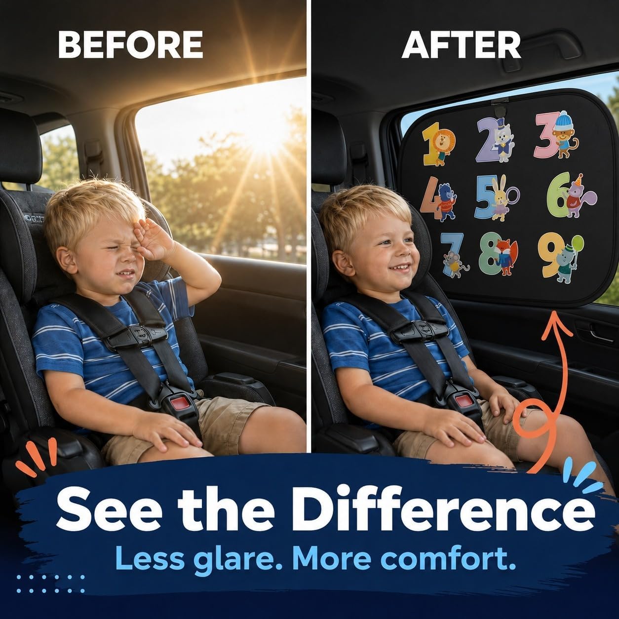 Car Window Shade for Baby Kids, 2 Pack Cartoon Animal Side Window Sun Shades, UV Protection Baby Car Window Shades for Sun Glare, Heat & Travel Comfort (Numbers)