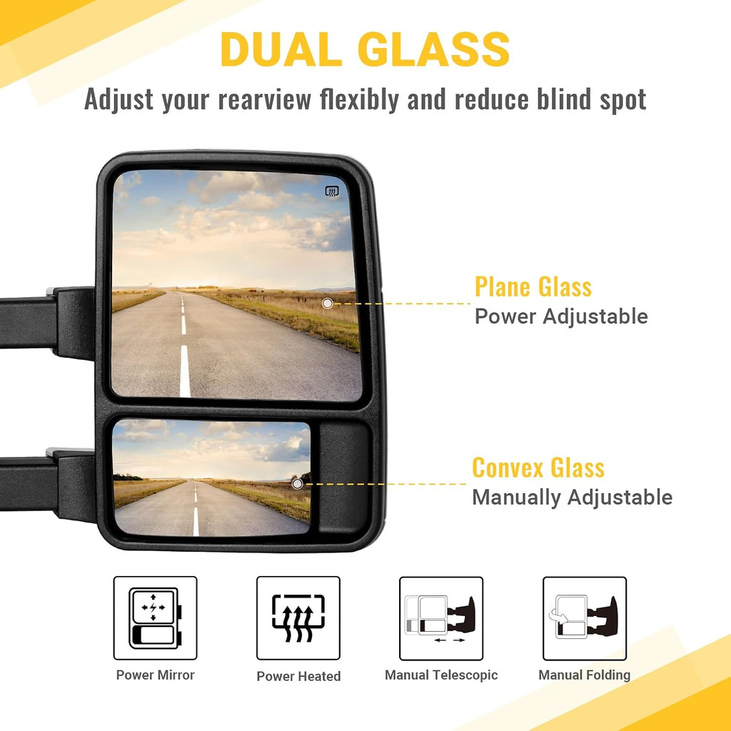 Towing Mirrors for 1999-2016 Ford F250-F550 Super Duty, 2000-2005 Excursion | Turn Signal Running Light Power Adjustable Heated Glass Pair Set with Adapter, Chrome