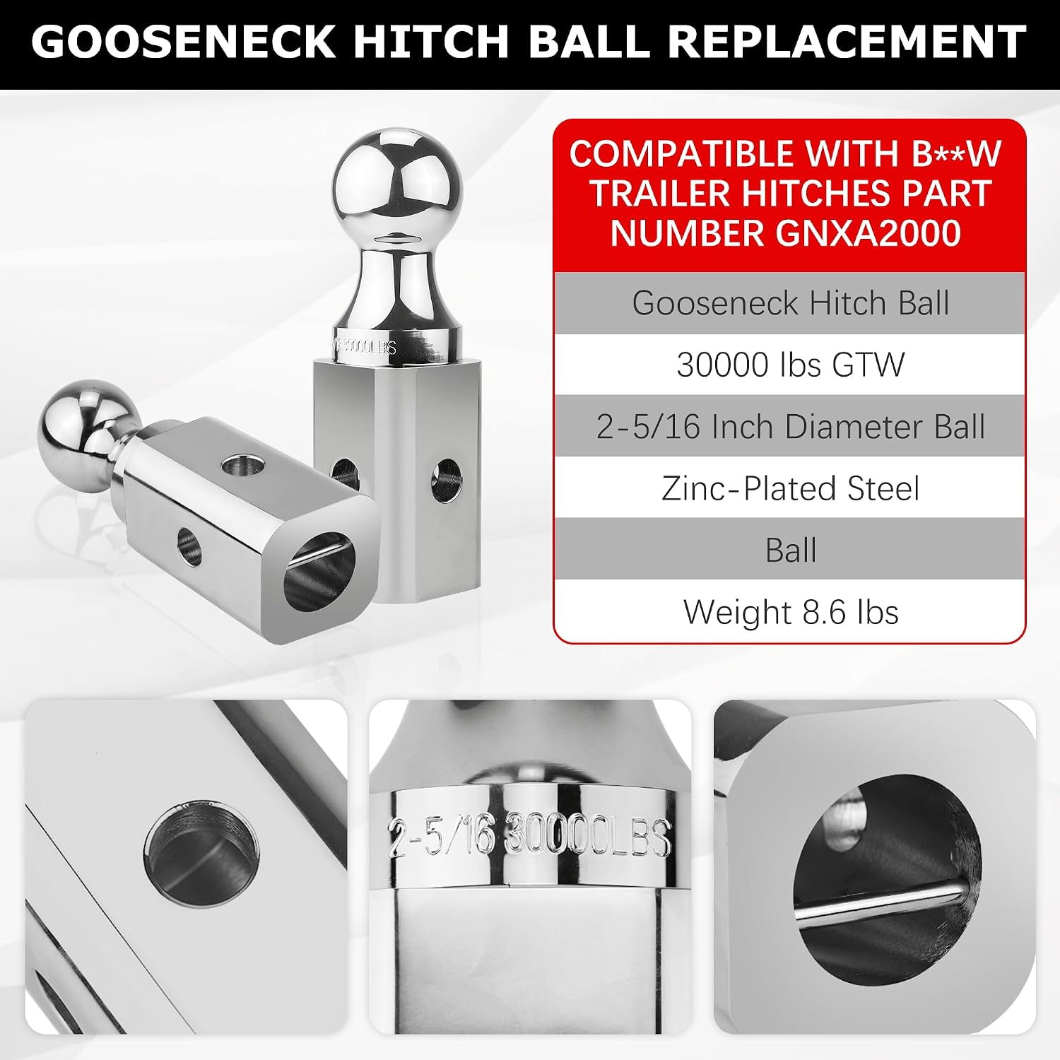Gooseneck Ball Hitch GNXA2000 2-5/16" Replacement Compatible with B-W Trailer Hitches Part Number GNXA2000 Gooseneck Tow Hitch Ball,Trailer Hitches GNXA2000-30,100lbs Load Capacity Fetechmate