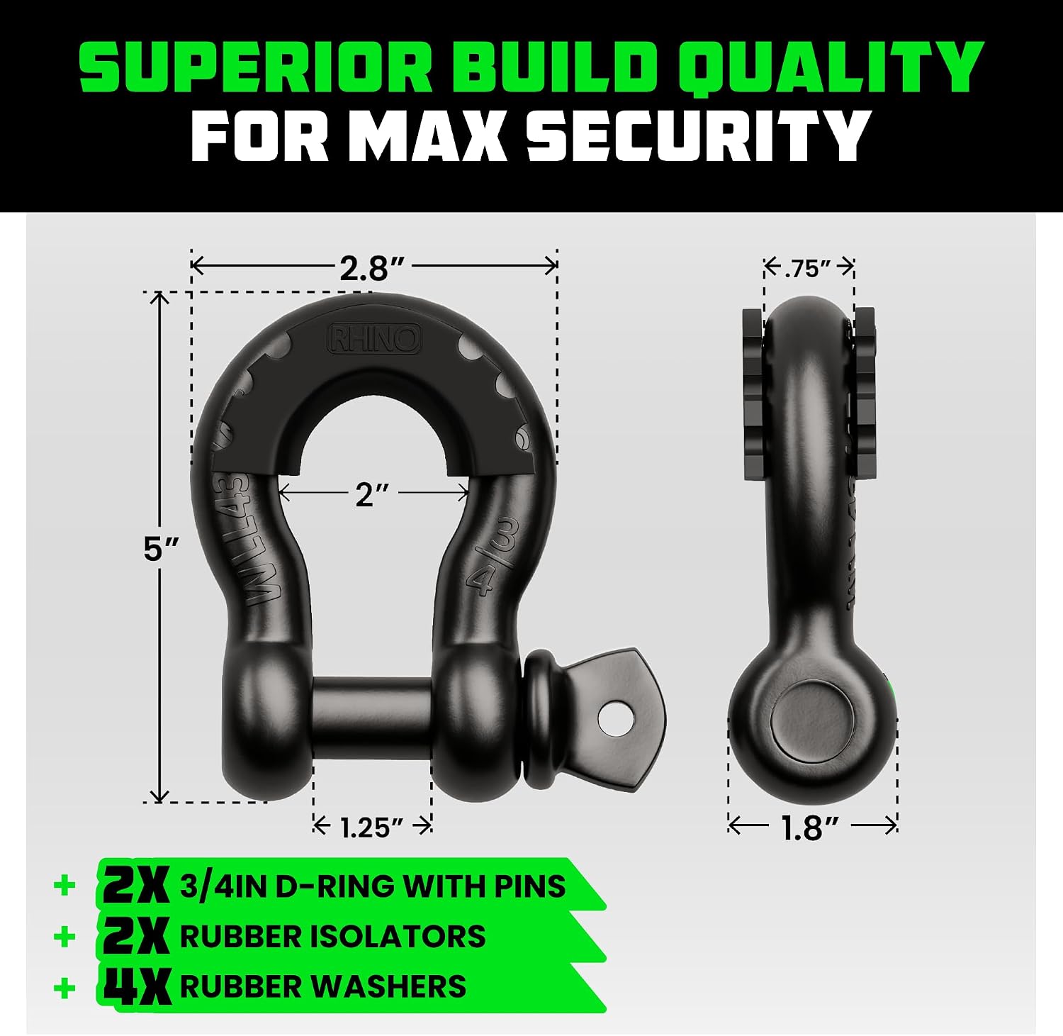 Rhino USA D Ring Shackles (2-Pack) - 41,850lb Break Strength – Heavy Duty 3/4" Clevis Shackle with 7/8 Pin for Towing & Off-Road Use - Pairs with Tow Strap for Vehicle Recovery (Black)