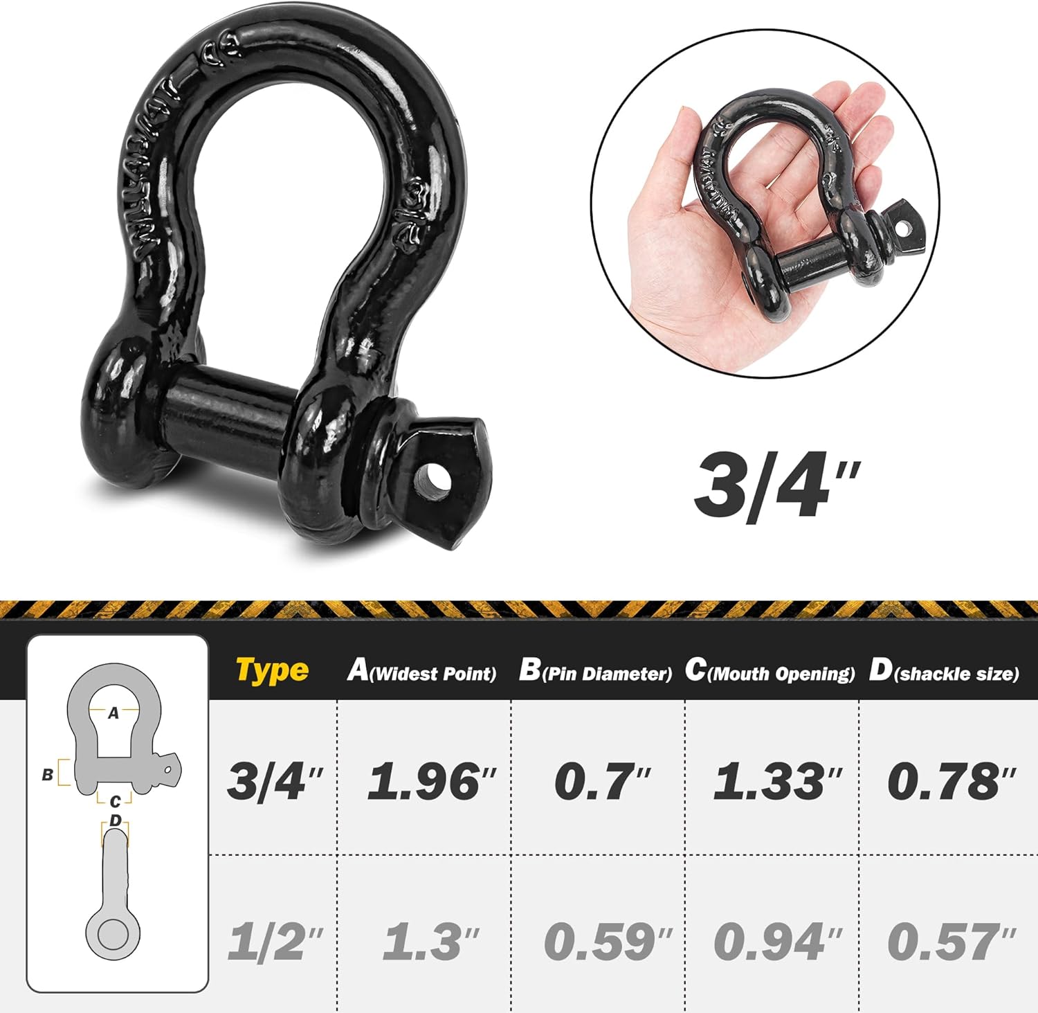 Heavy Duty D Ring Shackles, 3/4" Clevis Shackle with 7/8" Screw Pin, 44,000lbs Break Strength, for Tow Strap, Jeep, SUV, Pickup, Trailer, ATV, UTV (Black)