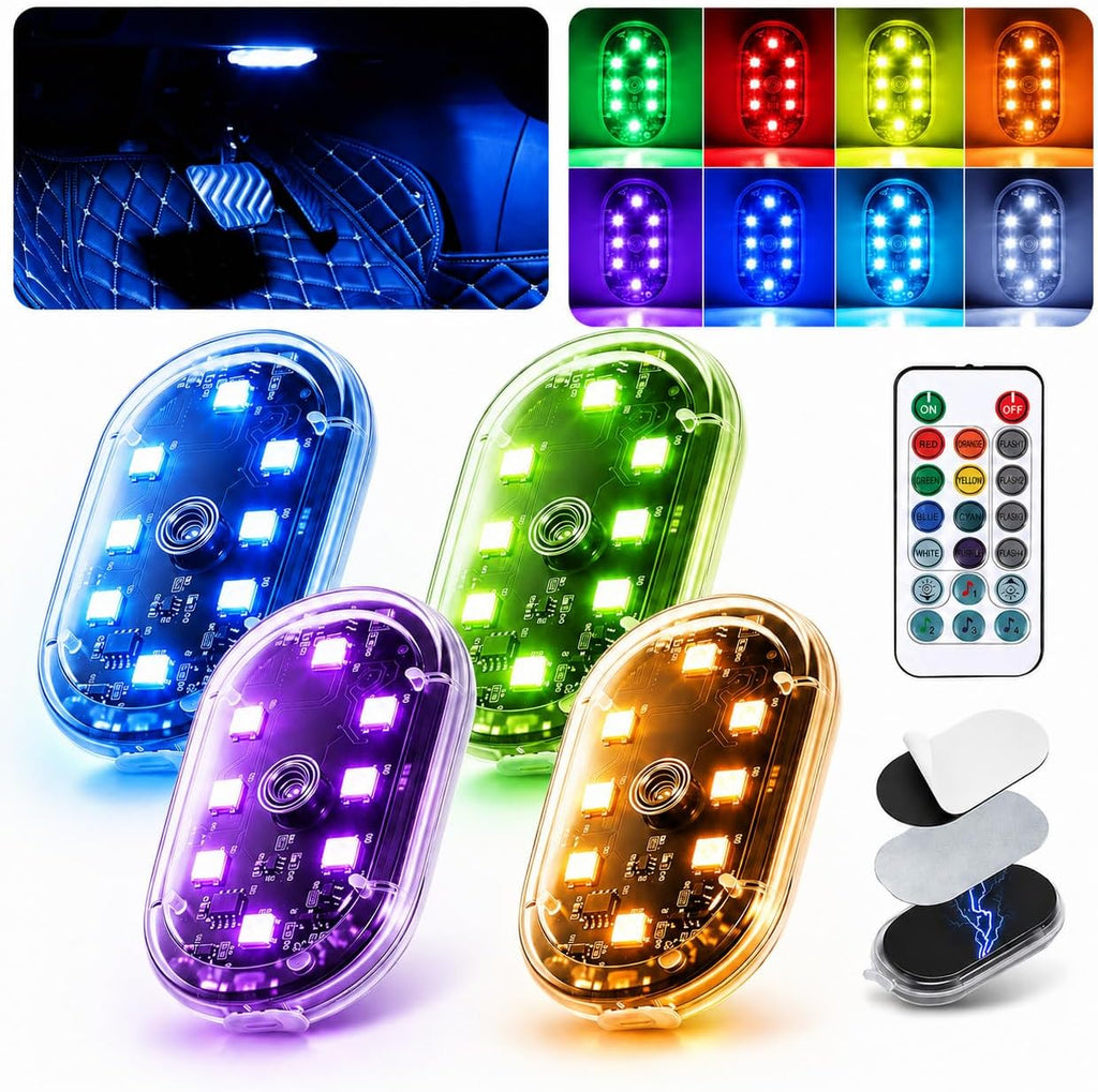 4Pcs Magnetic LED Interior Car Lights – 8 Colors RGB Wireless Ambient Lighting with Remote & Touch Control, USB Rechargeable Portable Strobe Nightlight for Footwell Door Dash Glove Box – Car Truck SUV
