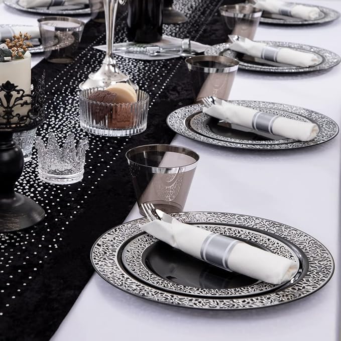 NOCCUR 210PCS Black and Silver Dinnerware Set for 30 Guests - Black Plastic P...