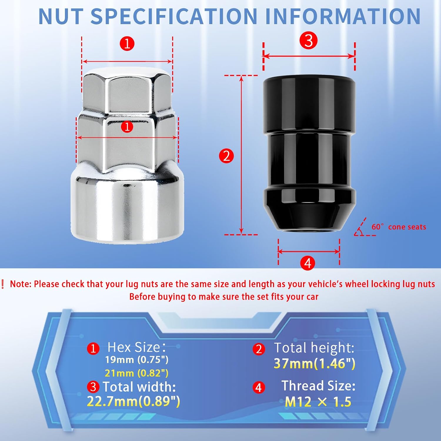24526 Wheel Lock Lug Nut M12x1.5 Anti Theft Fit for 1991-2002 Chevy S-10 Blazer 2 Door & 1991-2002 GMC S-15 Jimmy 2 Door, Cone Seat Wheel Locks Black - Set of 5