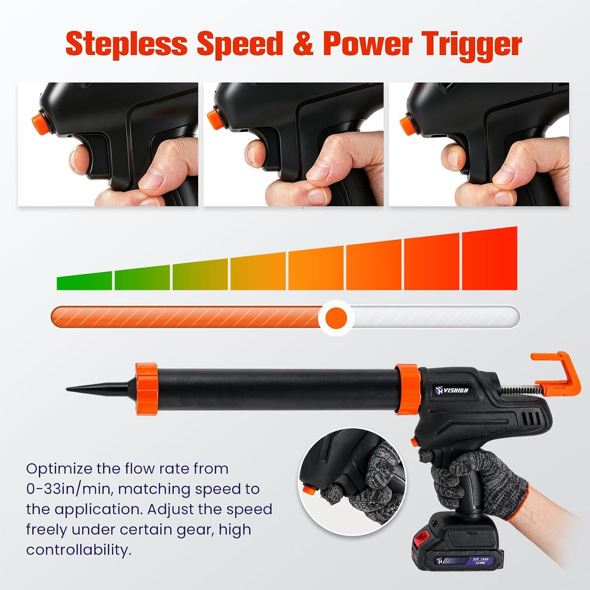 vishigh cordless caulking gun, 21v electric caulk and showing dimensions
