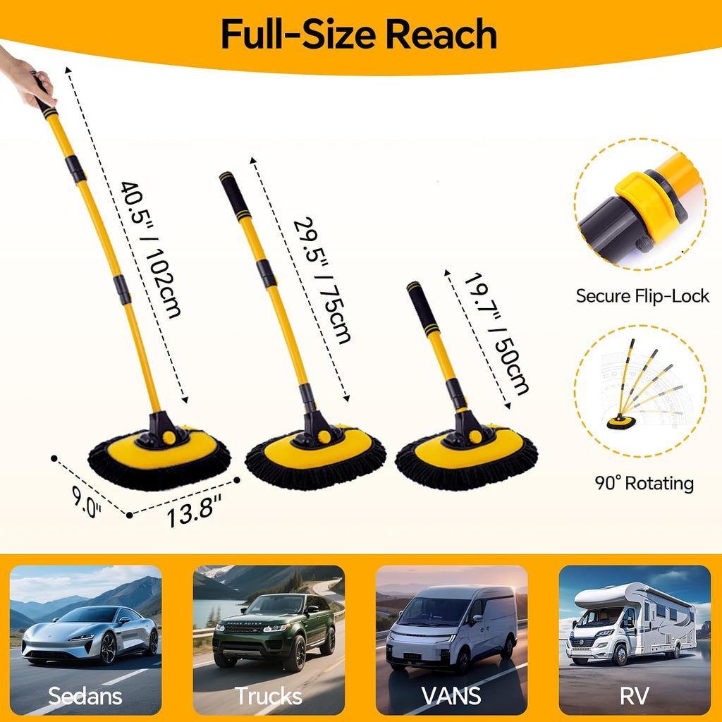 7-in-1 Car Wash Kit with 20L Collapsible Bucket & Brush – Car Wash Mop with Long Handle, 15° Curved Aluminum Pole for SUV Roof, Car Washing Brushes & Cleaning Supplies, RVs-Yellow.