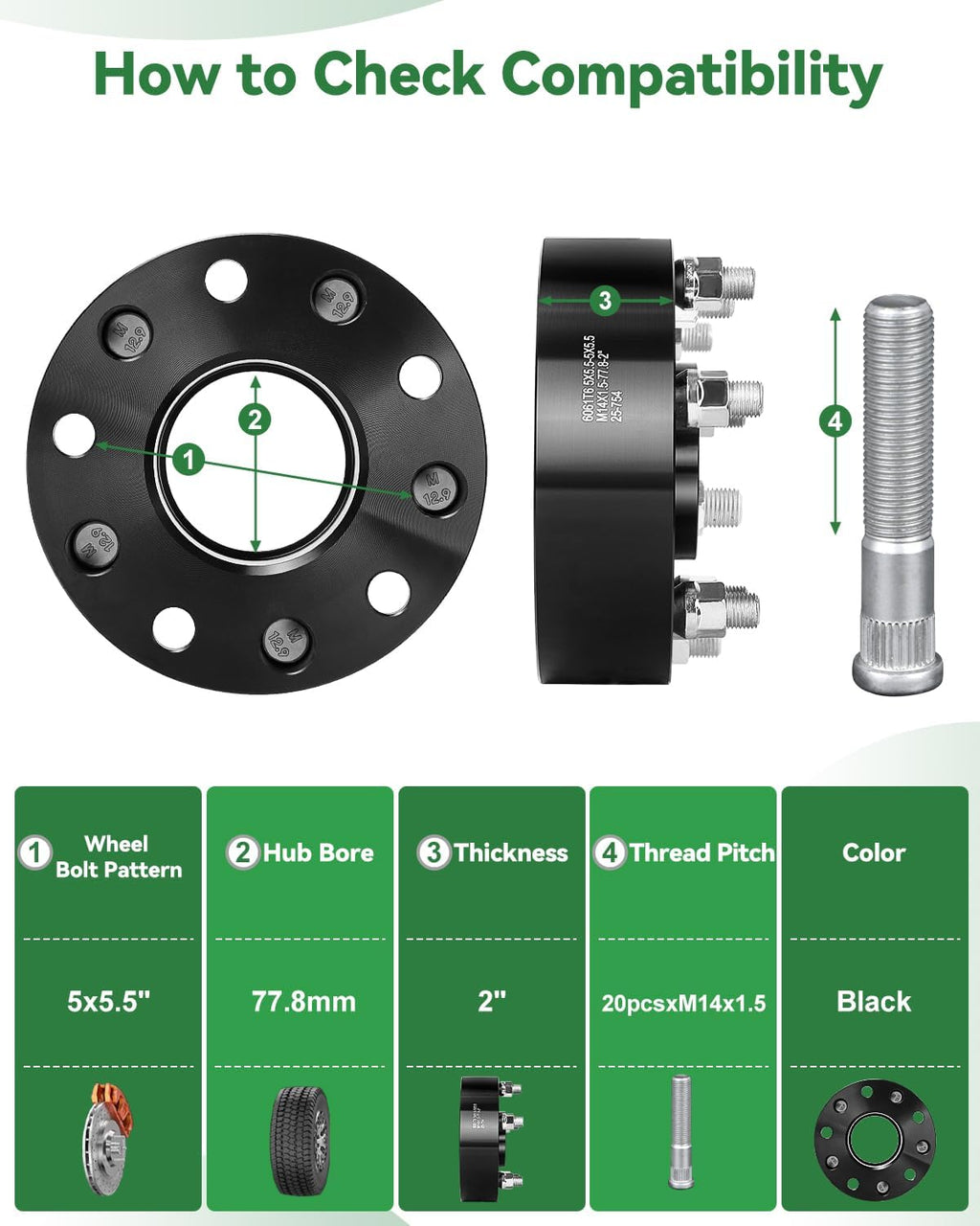 2Inch 5x5.5 Wheel Spacers for 2012-2018 Ram 1500, 5x139.7 Wheel Spacers 77.8mm Hubcentric with 14x1.5 Stud