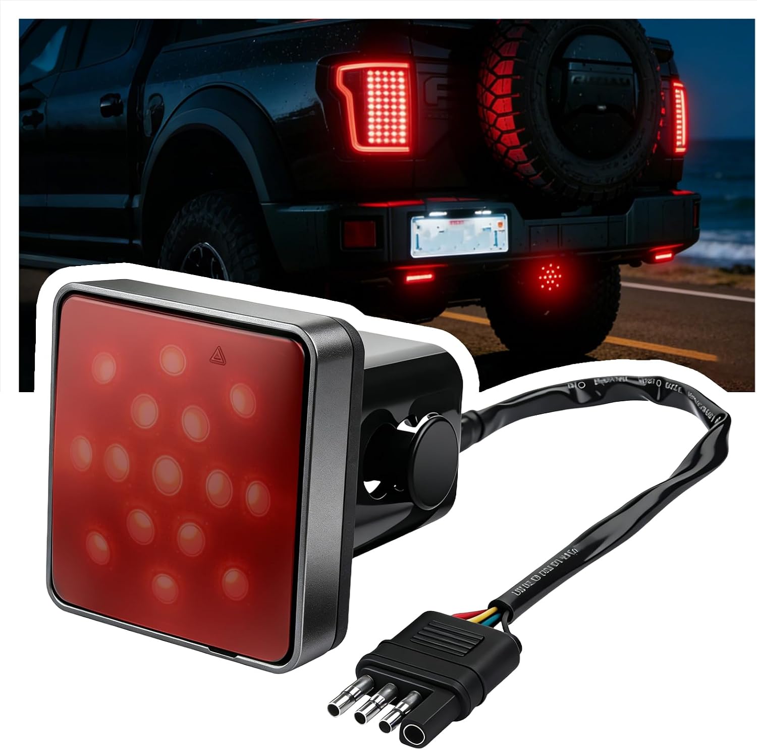 12V Trailer Hitch Light,Square 2" Receiver Tow Hitch Light with 4-pin Adapter & 15 LED Beads for Warning Purposes,Waterproof & High Brightness Red Trailer Hitches Brake Lights