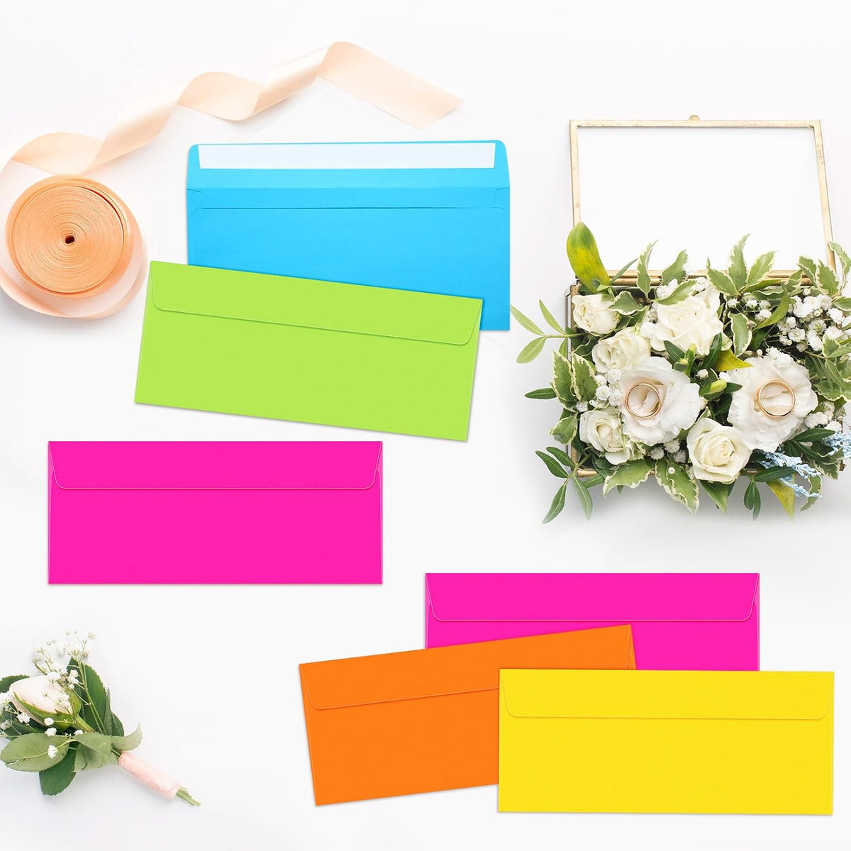 outus 500 pcs #10 colored envelopes business adhesive,neon on a desk or shelf