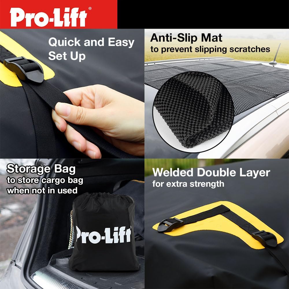 Pro-Lift Rooftop Cargo Carrier Waterproof – 15 Cubic Feet Softshell Roof Luggage Bag for All Cars with/Without Rack, Includes Anti-Slip Mat, Reinforced Straps, Door Hooks, Storage Bag