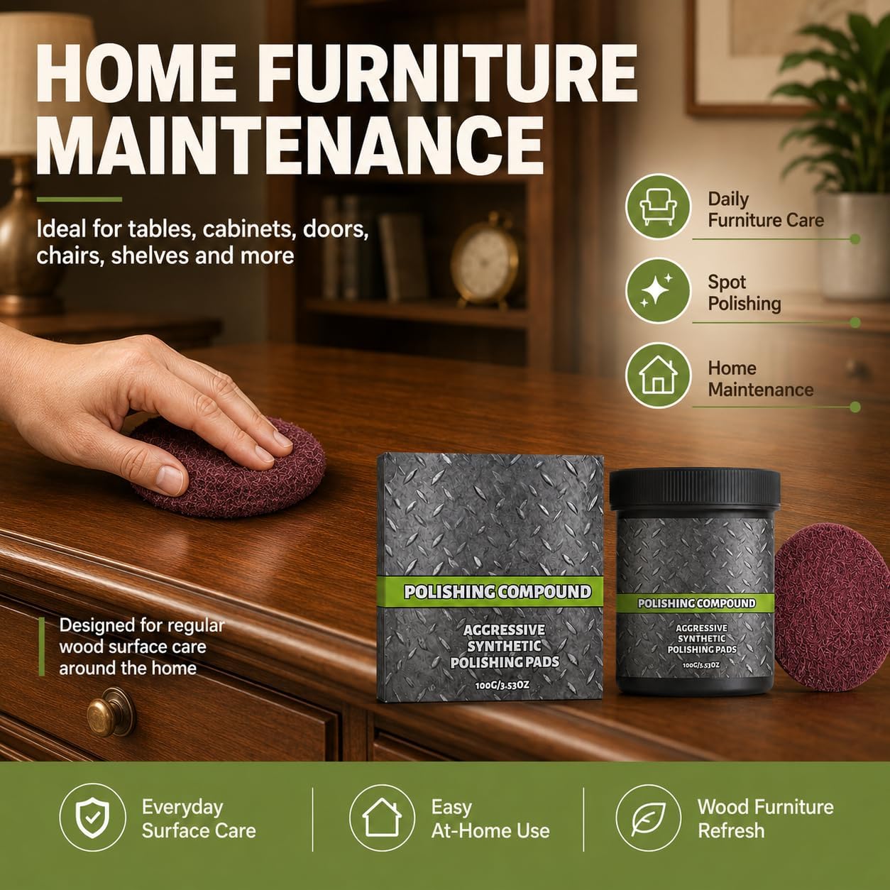 Wood Polishing Compound with Pad, Multi-Surface Scratch Remover and Surface Restoration Polish, Compound and Polish for Wood Furniture, Metal, Tile & Painted Surfaces