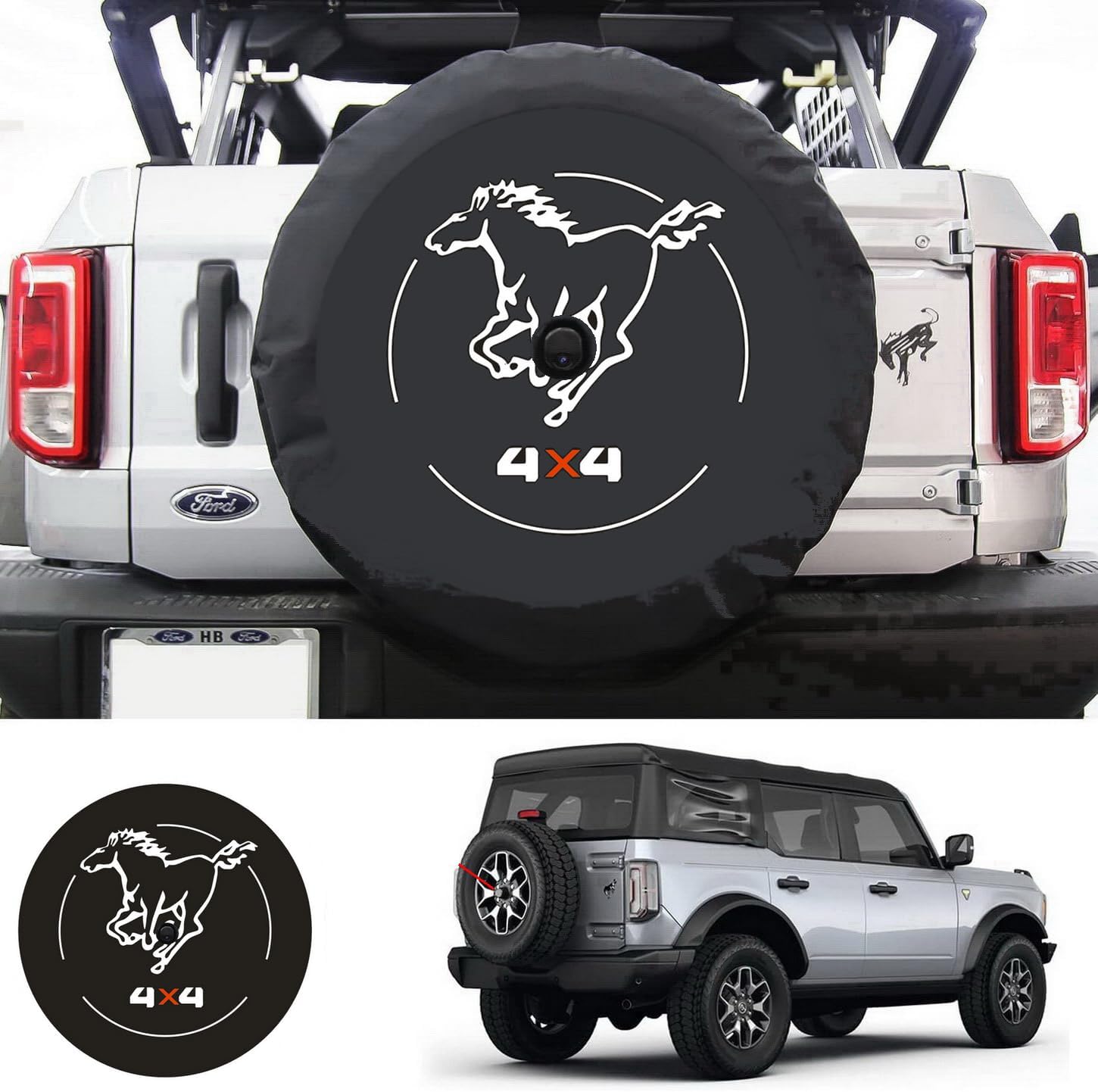 Galloper 4X4 for 2021-2026 Ford Bronco Spare Tire Cover with Backup Camera Hole, Wheel Cover Protector, L-XL-XXL fit Base, Big Bend, Black Diamond, Outer Banks 2/4 Doors (L: 265/50R20, 255/70R17)