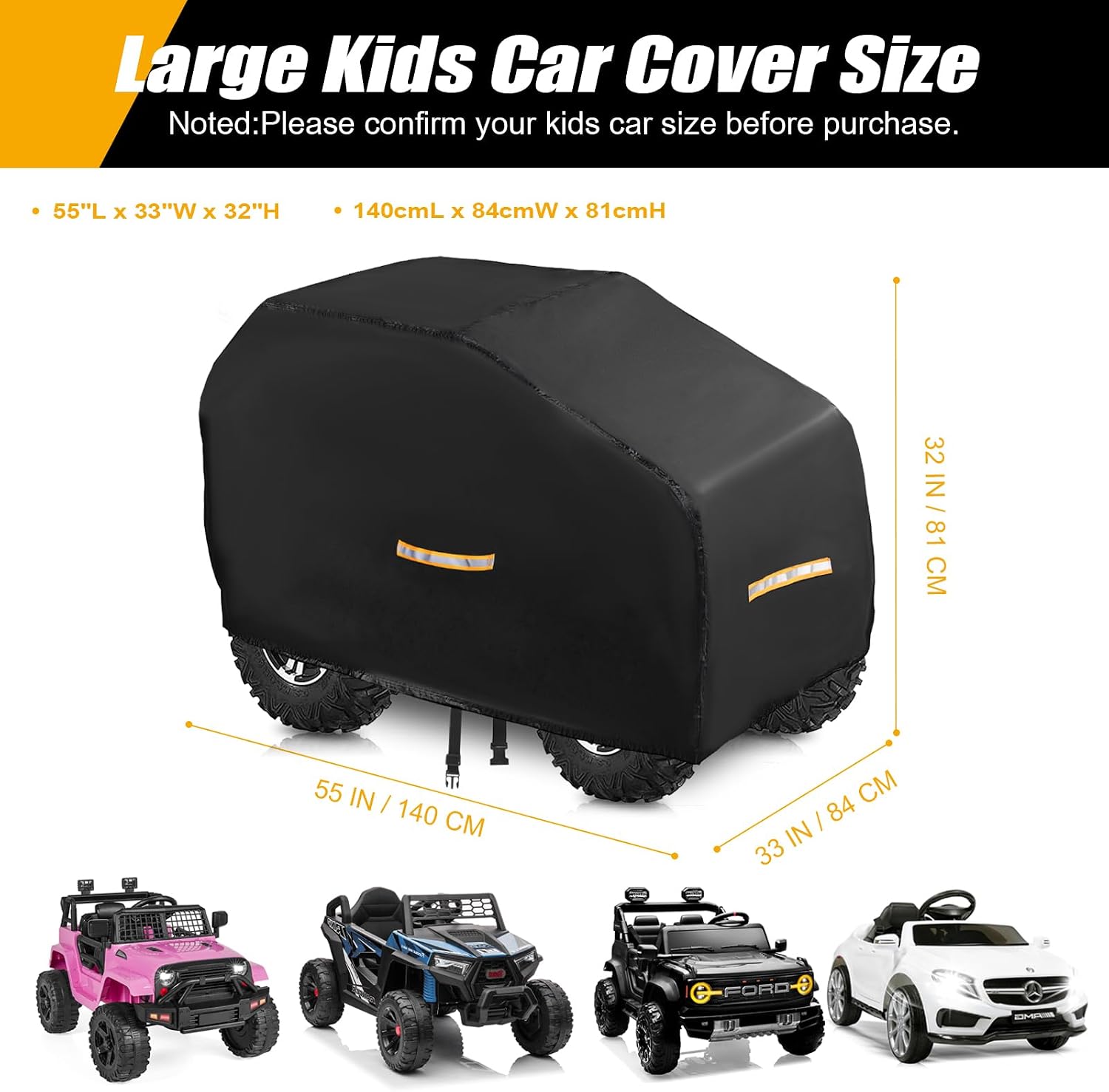 Large Kids Car Cover，Upgraded Power Wheels Covers Waterproof All Weather，Heavy Duty Kids Ride-On Car Cover with Nano Coating,Windproof Buckle and 3 Reflective Strips,Universal Kid Ride-on Accessories
