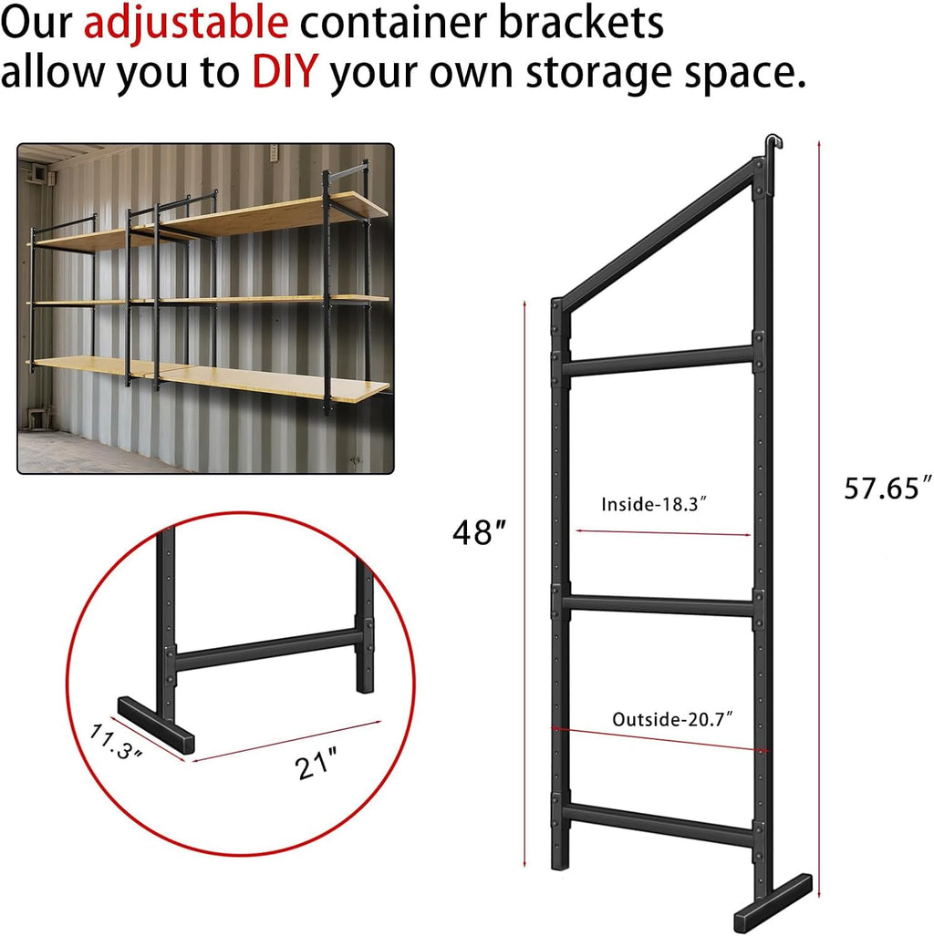 heavy-duty shipping container shelves with 57"(h) x 18"(w) showing dimensions