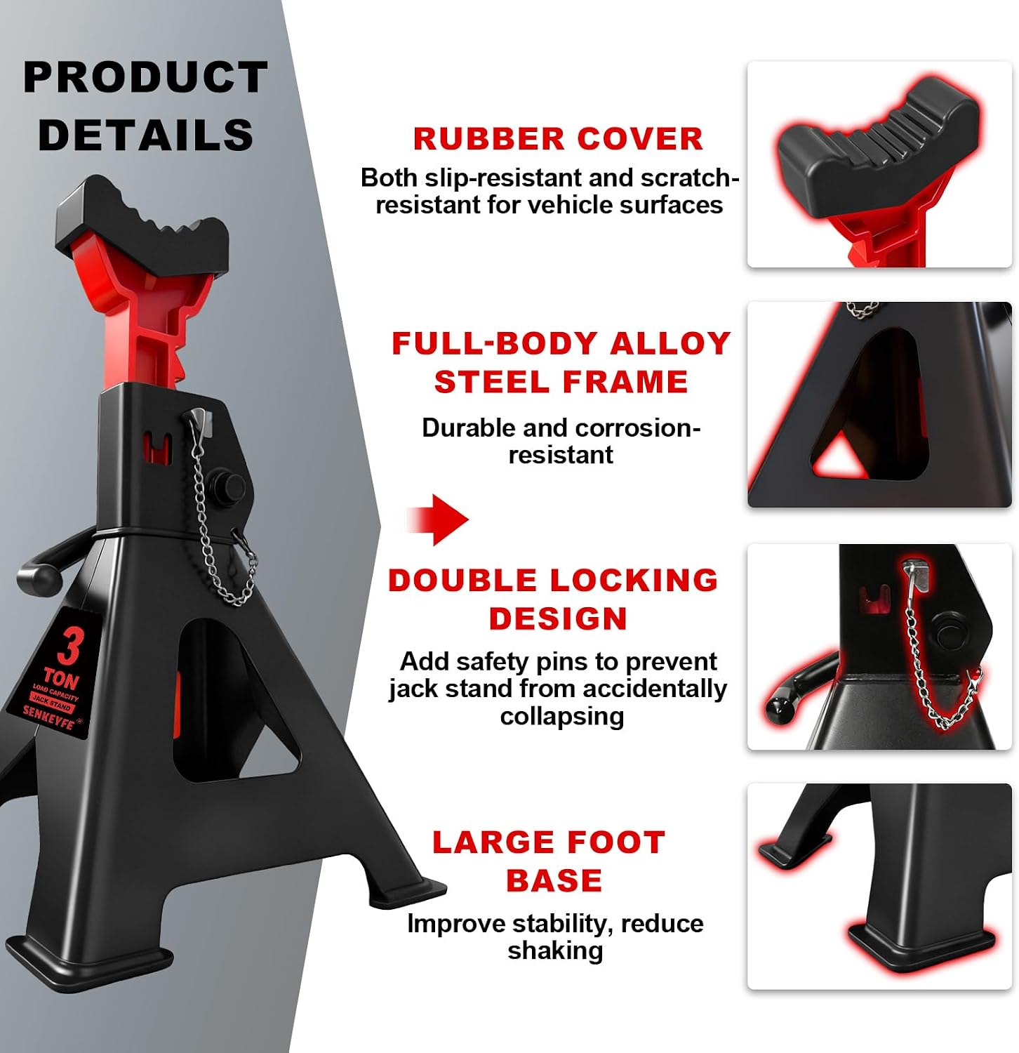 3 Ton (6,600 LBs) Jack Stands with Double Pin Locking,Rubber Cover and Large Foot Base,11"-17" Adjustable Height,Heavy Duty Car Jack Stands,Lifting SUV,MPV,Pickup Truck,ATV/UTV,1 Pair
