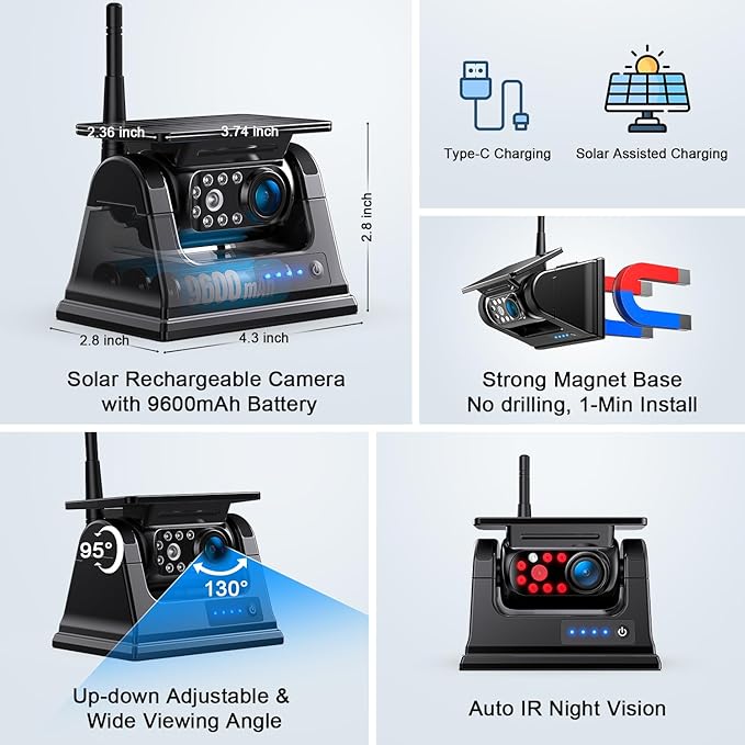 Fookoo 2 Magnetic Solar Wireless Backup Camera 7" IPS Touchscreen Monito...