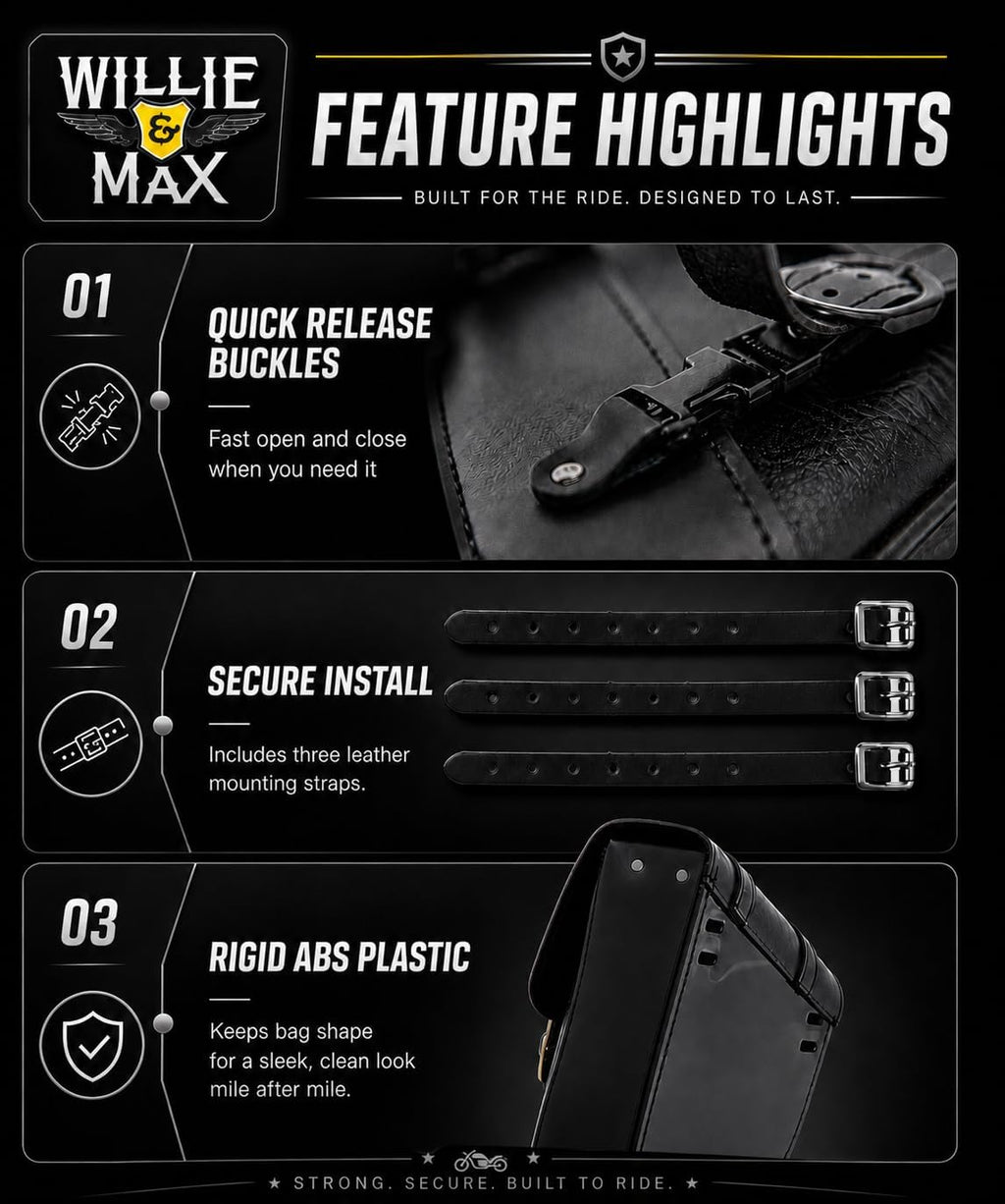 Willie & Max Black Synthetic Leather Motorcycle Swingarm Bag for Sportsters/Dual Shock Models - Nickel Buckle - Made in USA [59778-00]