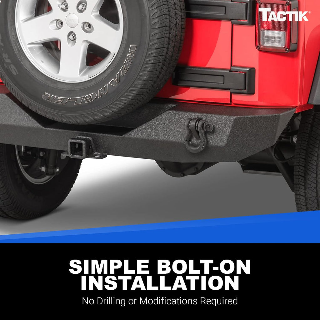 TACTIK JK Rear Bumper with 2" Hitch Receiver & D-Rings - Fits Jeep Wrangler JK 2007-2018 - Heavy Duty Offroad Bumper for Jeep JK Wranglers