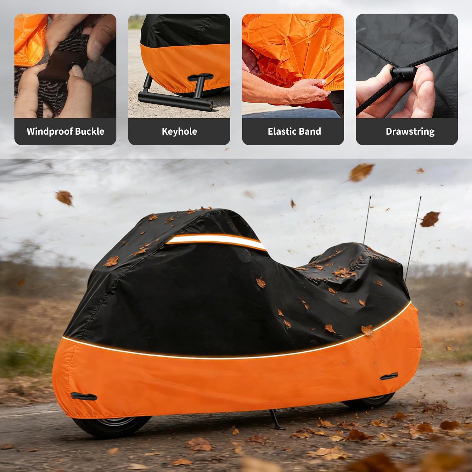 Heavy Duty 420D Oxford Motorcycle Cover | Waterproof Outdoor Touring Cover Compatible with Harley Davidson Road King,Street Glide, Road Glide, Ultra Limited, CVO,Fits Motorcycles Up to 110"