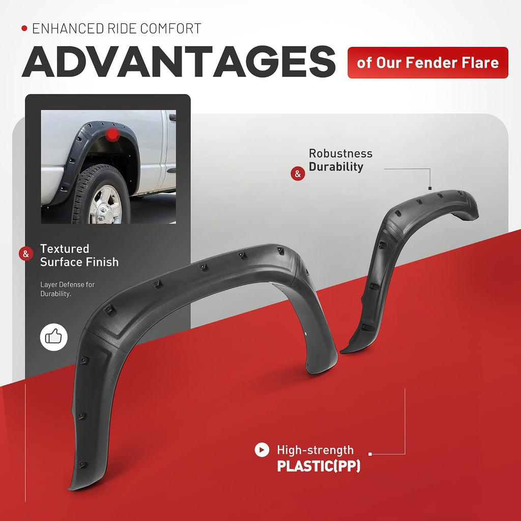 ALMULOO 4Pcs Fender Flares Compatible with 2002-2009 Dodge Ram 1500 2500 3500 (Not Fit 06-09 8ft Bed Models) w/Fleetside 76.3 inch Bed Pocket Riveted Style Wheel Arch Covers Plastic Textured Black